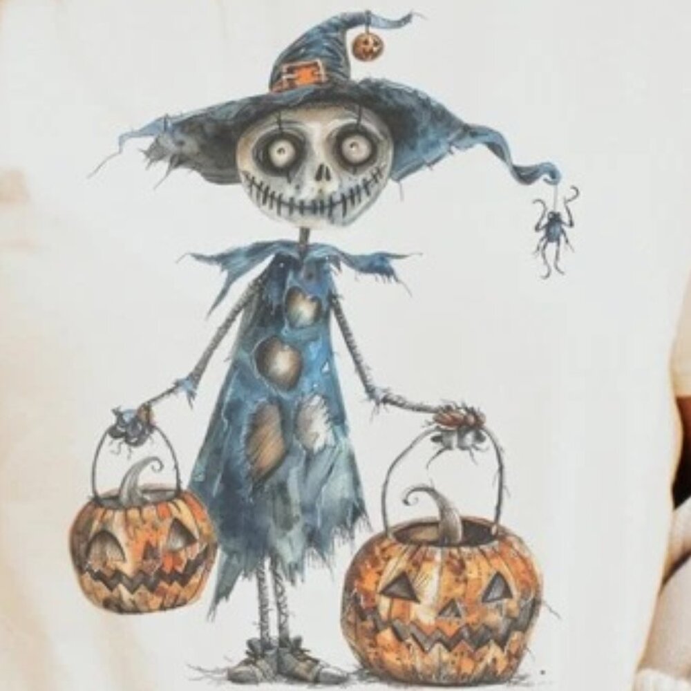 Watercolor Witch Holding Pumpkins Halloween Graphic Shirt - Picture 2 of 4